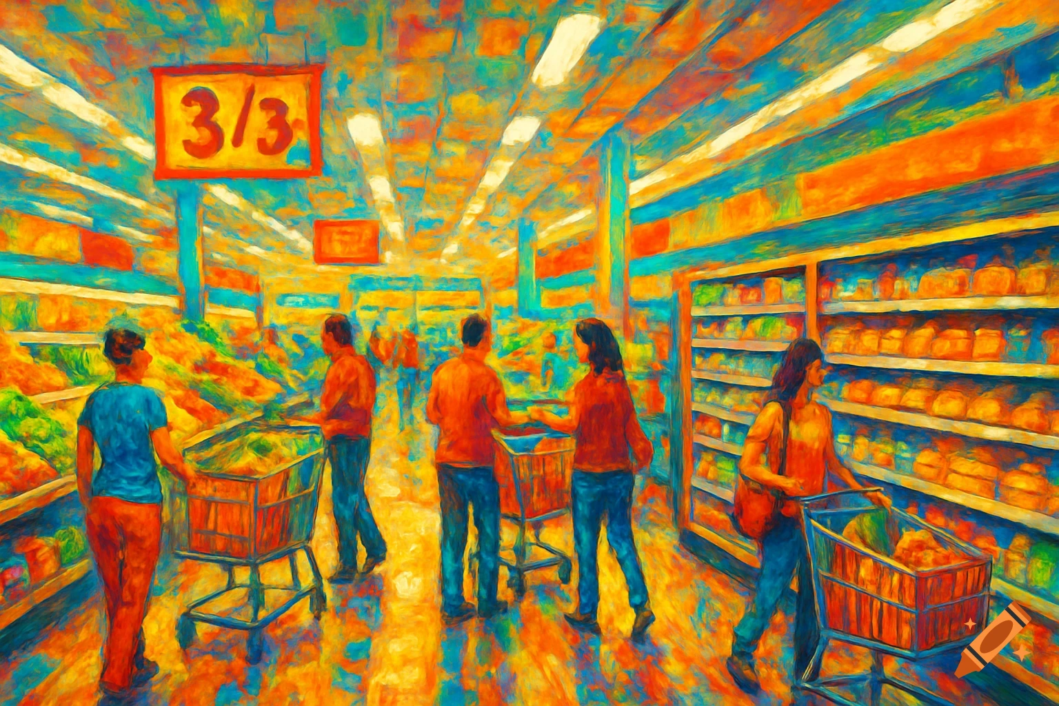 A vibrant, painterly scene of people shopping in a brightly colored supermarket aisle, featuring a sign with "3/3" on it.