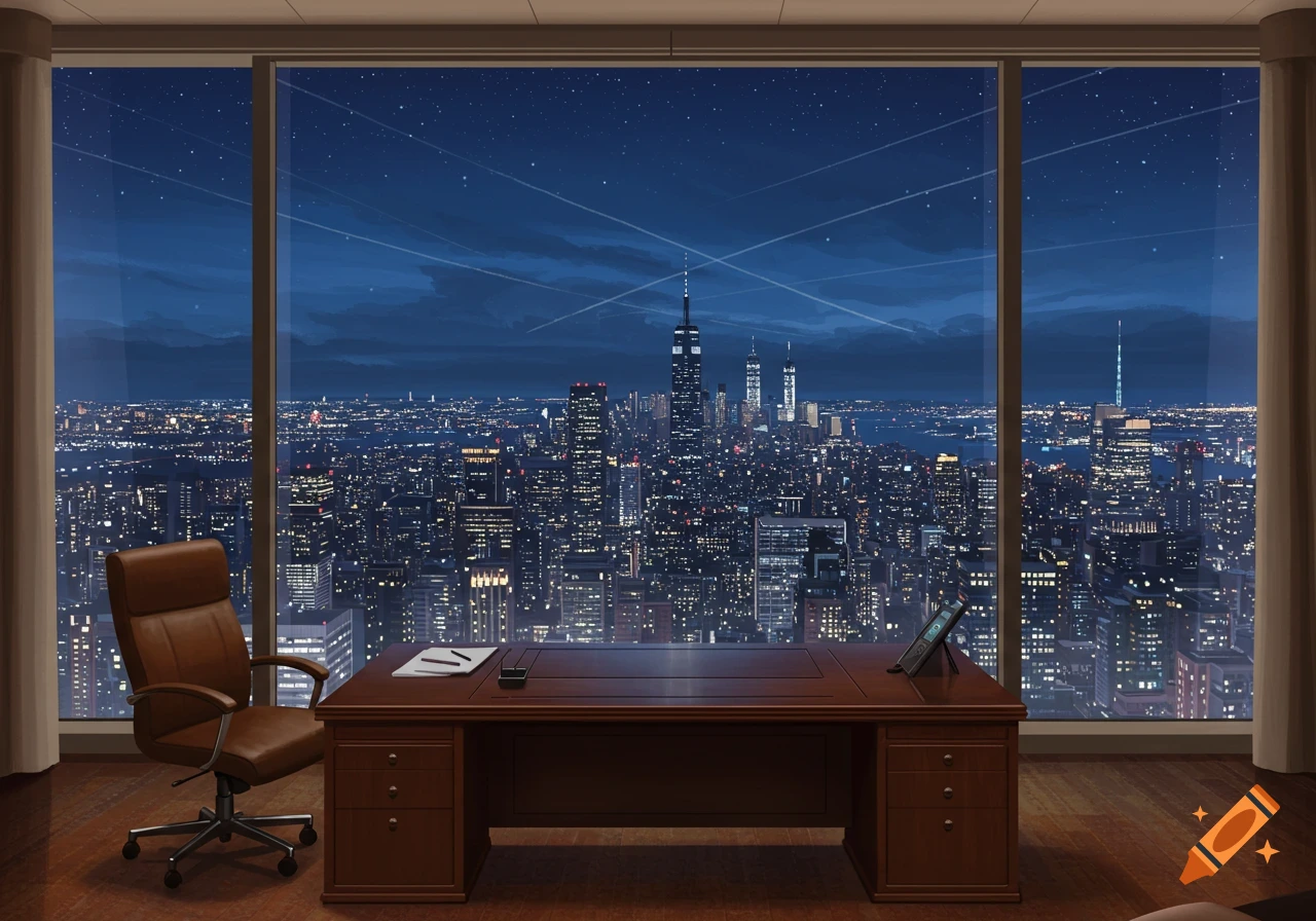 A high-rise executive office with a large window overlooking a brightly lit city skyline at night, featuring a desk and office chair.