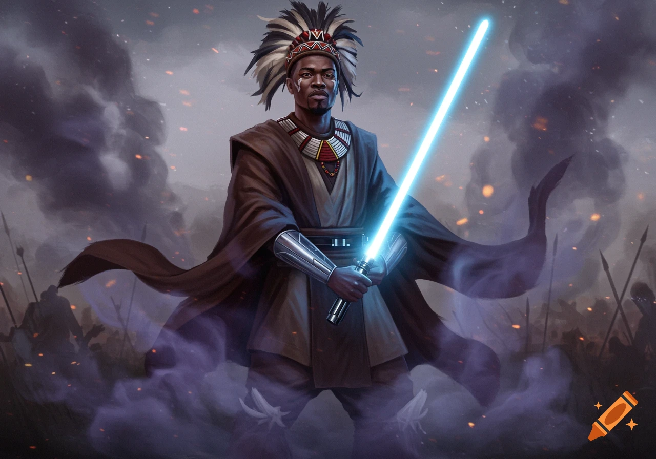 A stylized painting of a Zulu warrior dressed as a Jedi, holding a glowing blue lightsaber amidst smoke and faint figures on a battlefield.