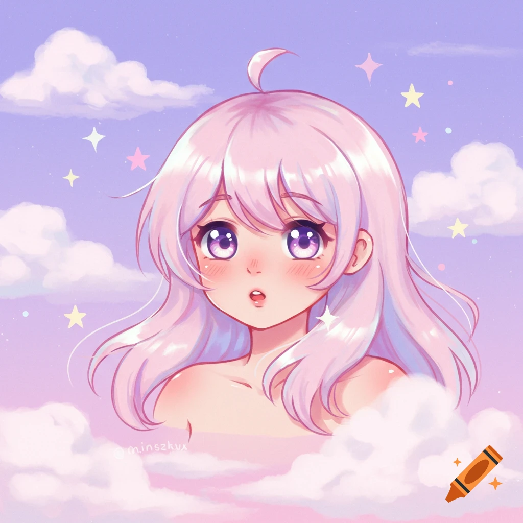 Anime girl with light pink hair and purple eyes in pastel clouds with stars.