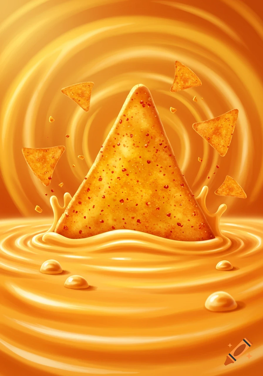 A large triangular chip splashes into a pool of orange cheese sauce, with smaller chips and crumbs floating around.