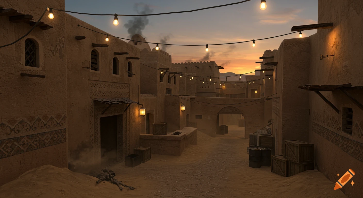 A desert town alleyway at dusk with string lights illuminating mud-brick buildings and scattered crates, resembling a video game map.