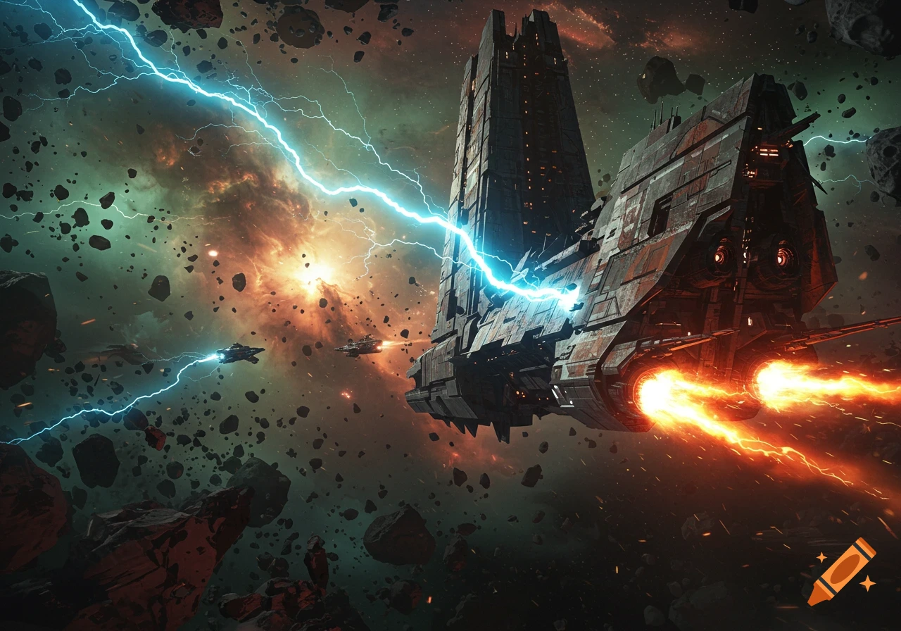 A large, gritty spaceship with glowing engines navigates an asteroid field amidst a space battle with lightning, explosions, and smaller ships.