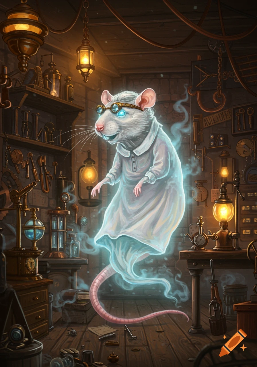 A glowing white ghost rat wearing spectacles and a white robe hovers in a cluttered steampunk inventor's workshop.