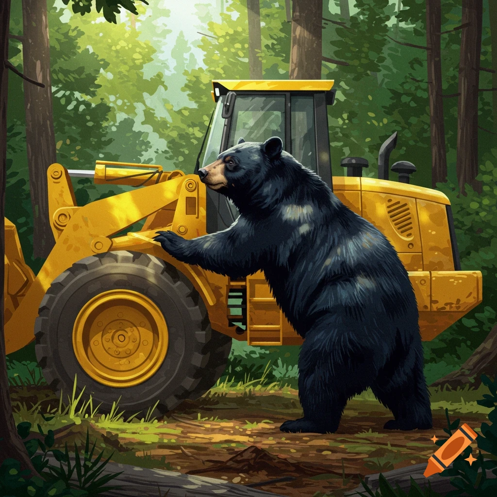 A black bear stands on its hind legs next to a yellow front-end loader in a forest, depicted in a color illustration.