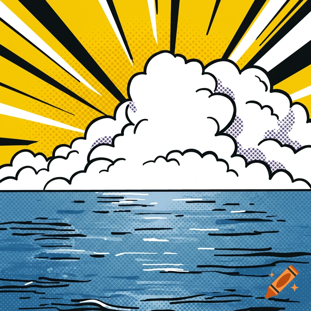 Pop Art scene with a yellow sky, white cloud, sun rays, and a blue ocean with Ben-Day dots.