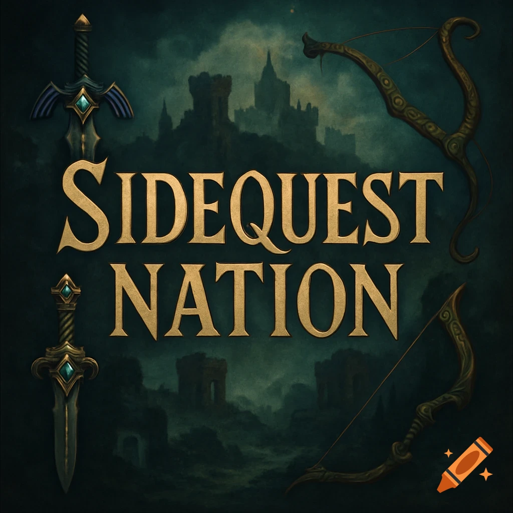 A fantasy-themed logo with golden text "SIDEQUEST NATION" flanked by a sword and two bows, against a dark, misty background with a silhouetted castle and ruins.