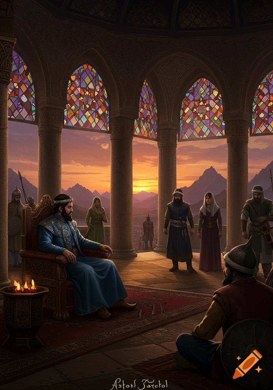 A king on an ornate throne in a grand arched hall with stained glass windows, facing figures at sunset in a mountainous land, in a detailed painting.