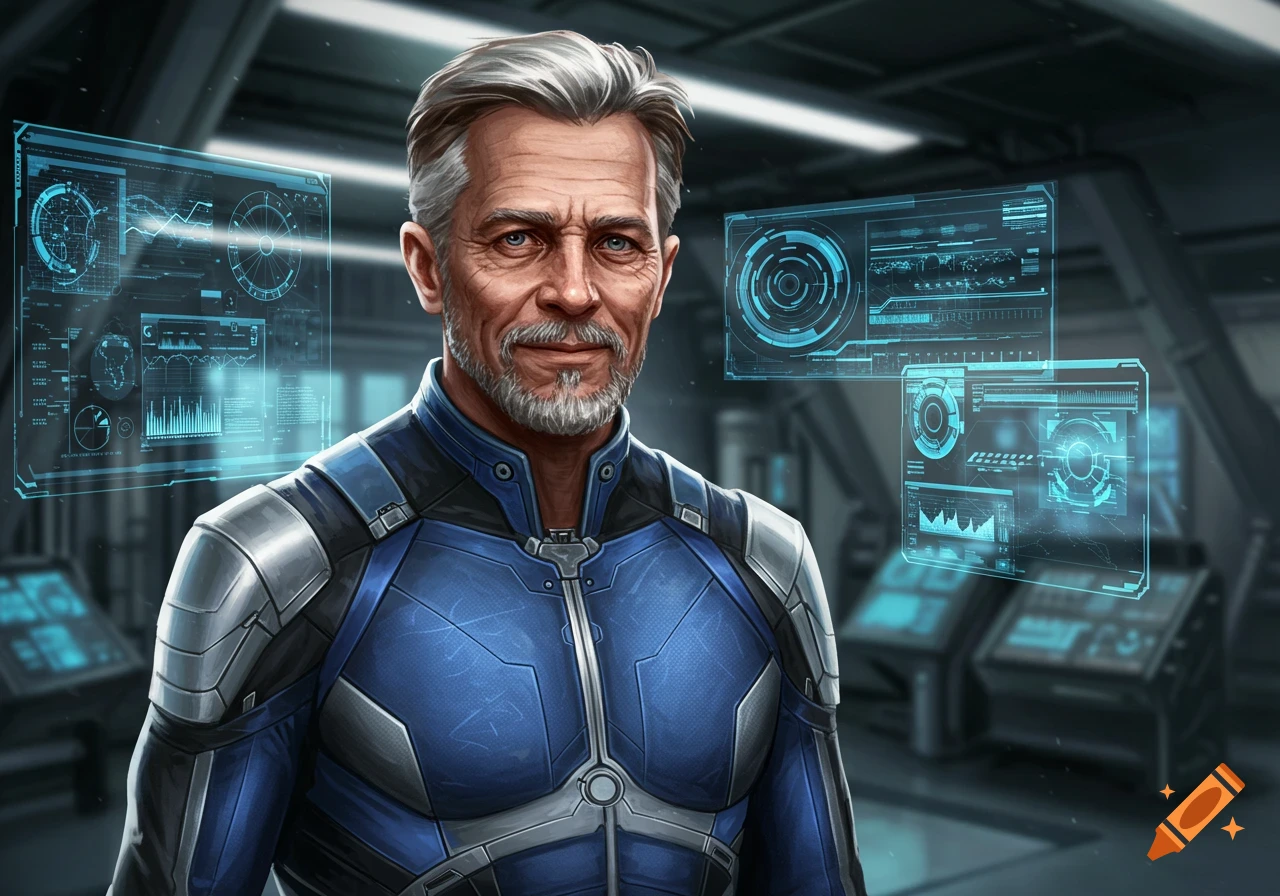 A detailed portrait of a gray-haired man in a blue and silver futuristic suit, standing in a control room with holographic screens.