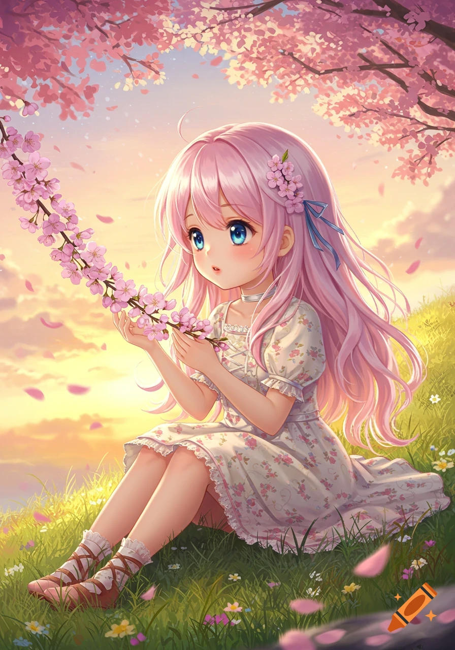 A cute anime girl with pink hair and blue eyes sits in a grassy field, holding a branch of cherry blossoms under a blooming tree at sunset.