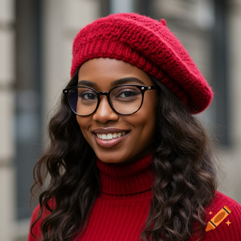 A smiling young woman with long dark wavy hair, wearing a red beret, black glasses, and a red turtleneck sweater.