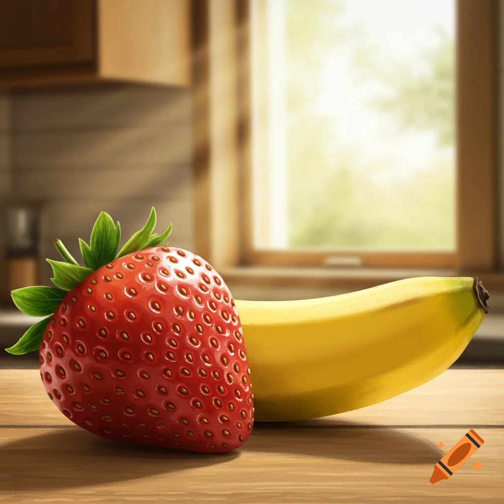 A vibrant red strawberry and a ripe yellow banana rest on a wooden table in a sunlit kitchen.