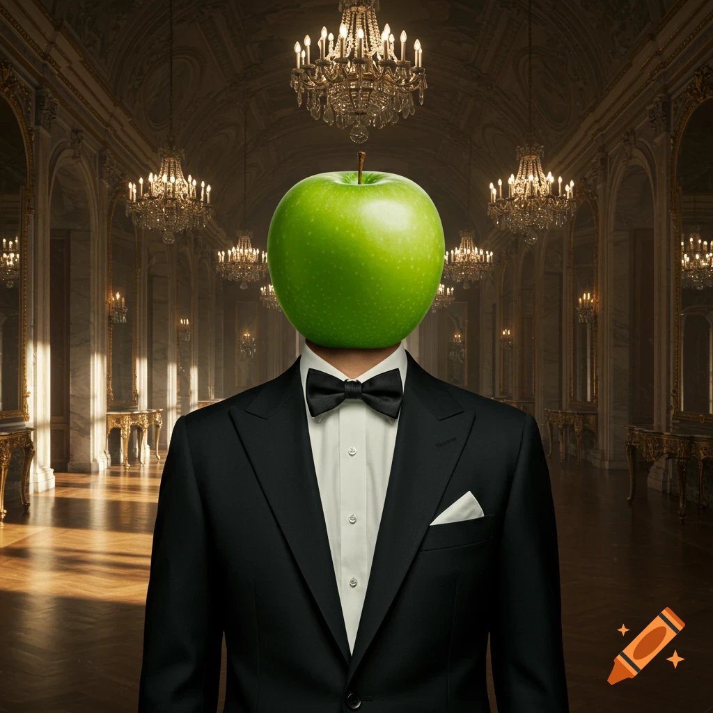 A man in a black tuxedo and bow tie has a green apple for a head, standing in a grand hall with chandeliers.