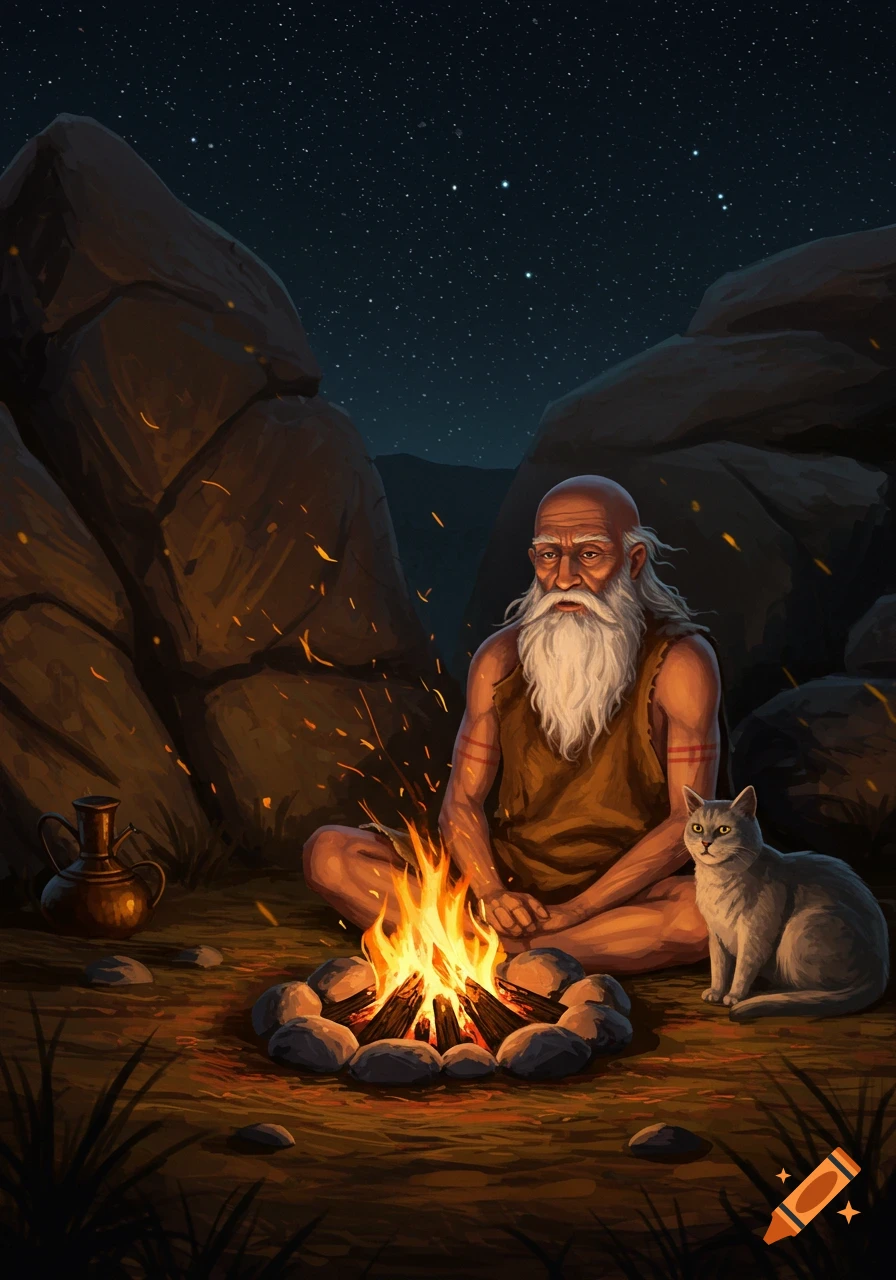 An illustrated old man with a long white beard sits with a grey cat by a bonfire at night under a starry sky.