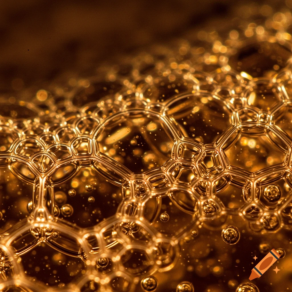 Photorealistic macro shot of golden-brown bubbles, resembling beer foam under a microscope.
