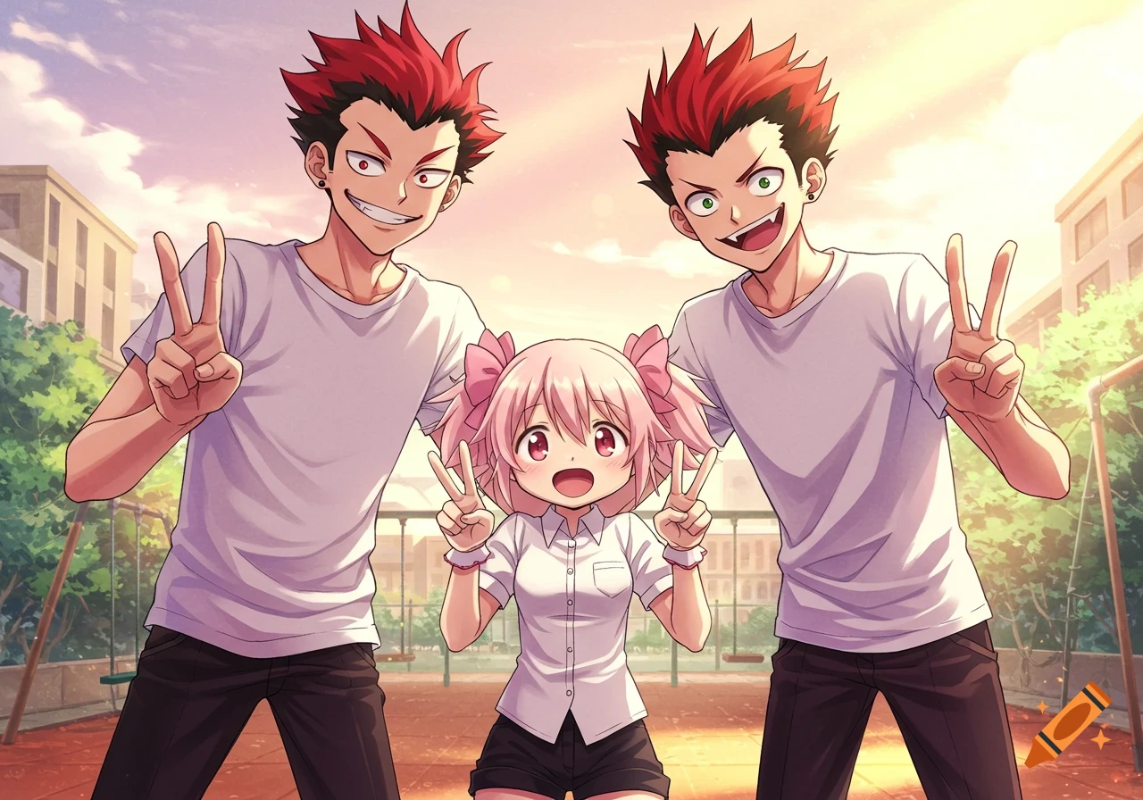 Three anime characters, two red-haired boys and a pink-haired girl, pose with peace signs in a park setting.