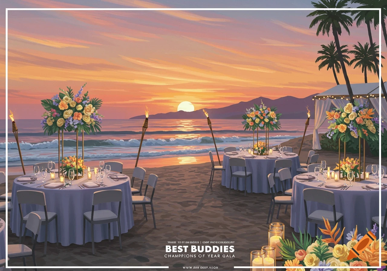 An elegant beach gala at sunset with round tables, floral centerpieces, tiki torches, and palm trees.
