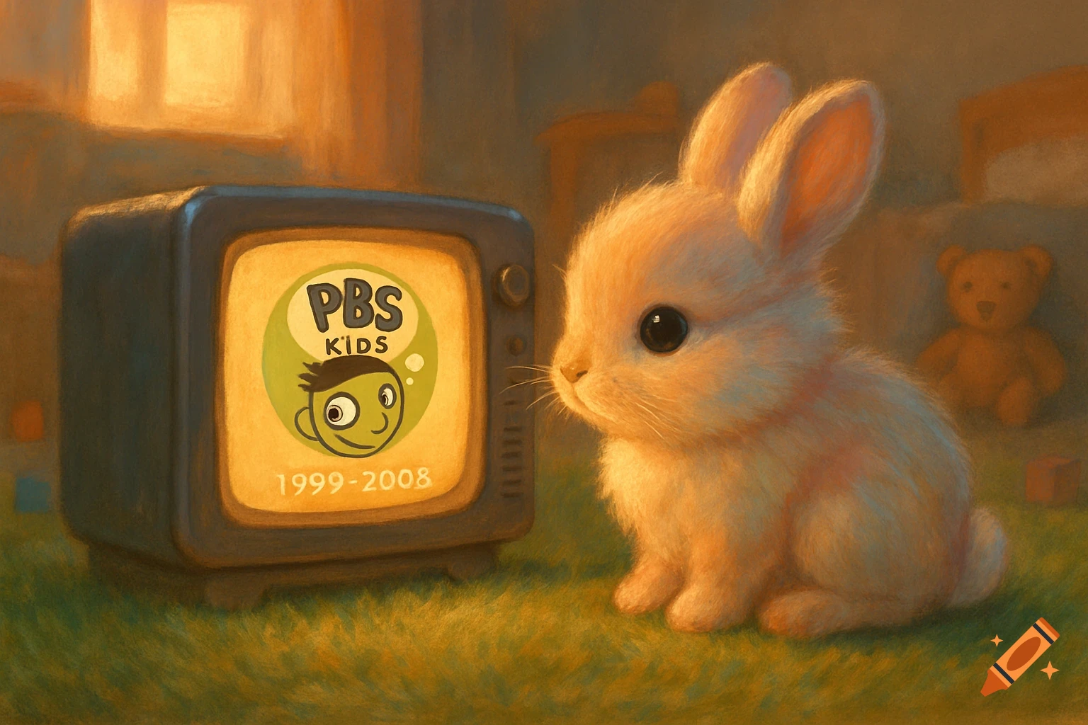 A fluffy baby bunny sitting on a green carpet, watching an old television displaying the PBS Kids 1999-2008 logo.