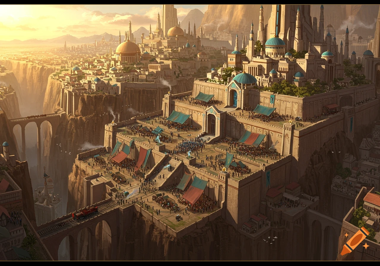 A grand high-fantasy city, Usmadalar, built on a terraced plateau with fortified walls, spires, and a bustling market.