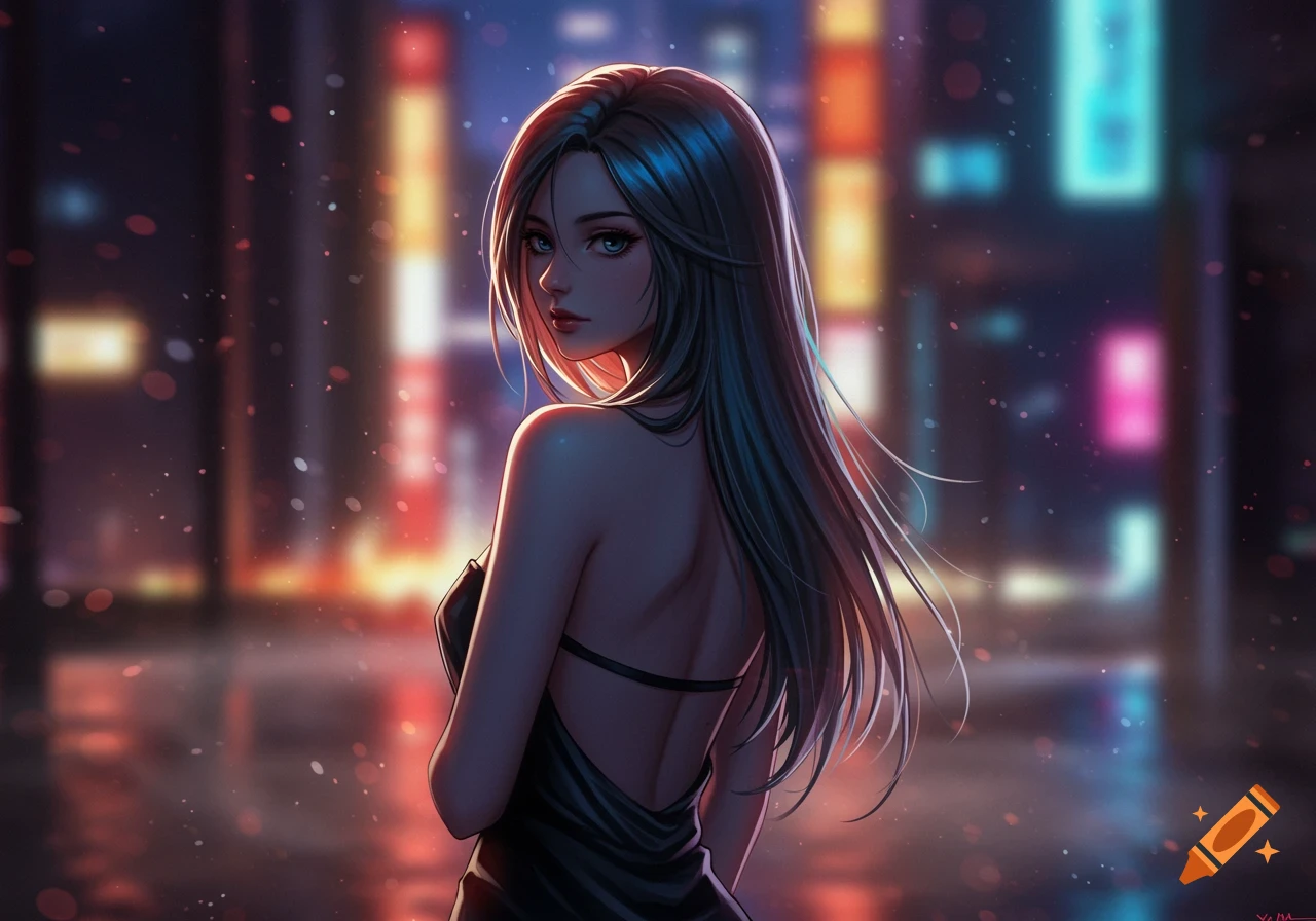 Anime woman in a backless dress looking over her shoulder on a rainy city night with glowing bokeh lights.