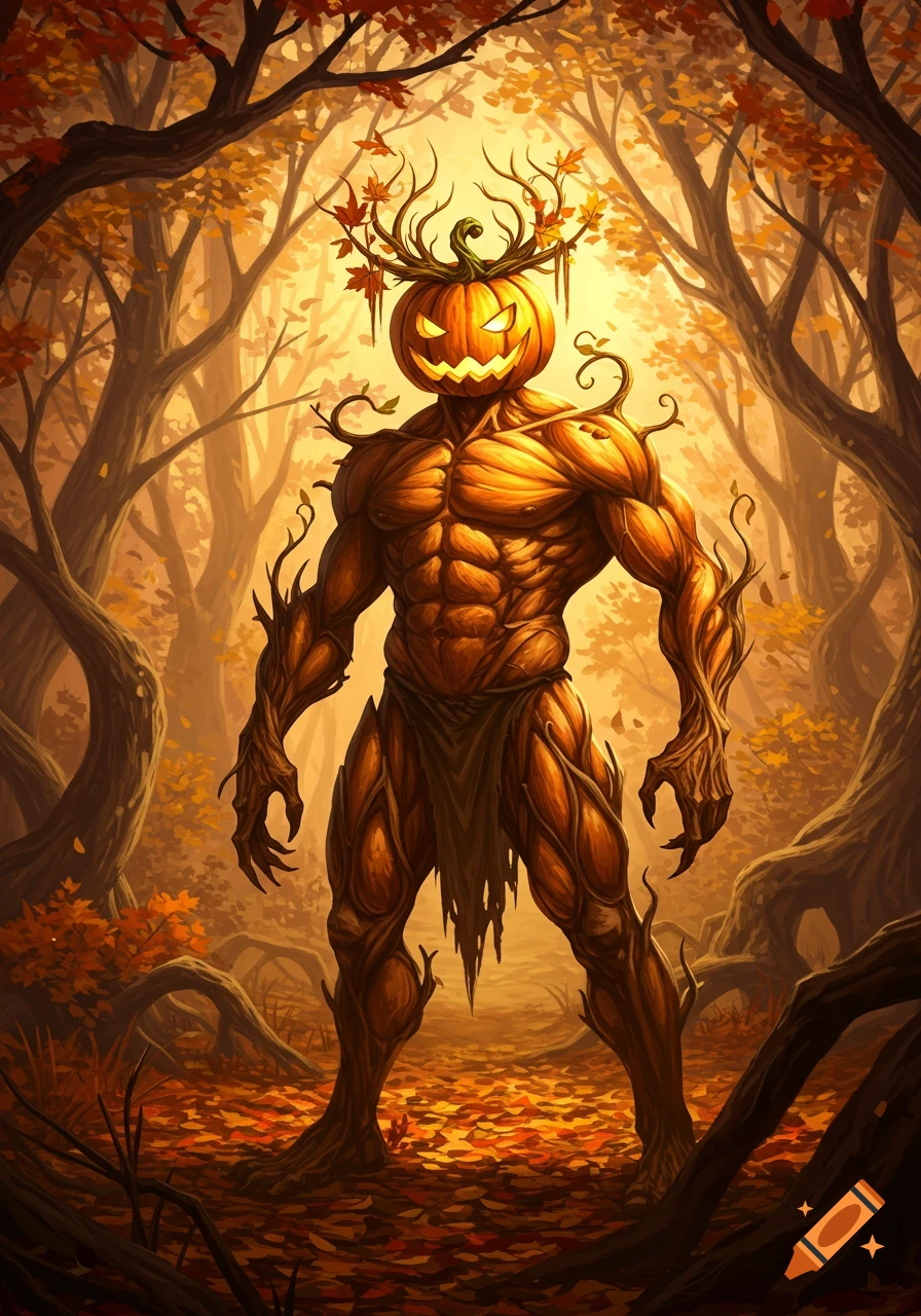 A muscular pumpkin-headed creature made of tree roots and bark stands in an autumn forest.