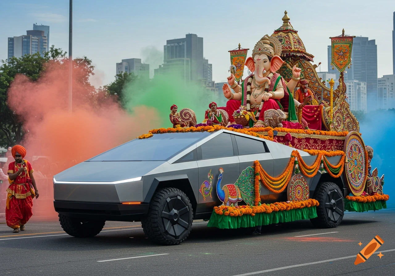 Photorealistic image of a decorated Tesla Cybertruck with a large Ganesha statue on its back, moving in a parade with colorful smoke and a person in traditional attire.