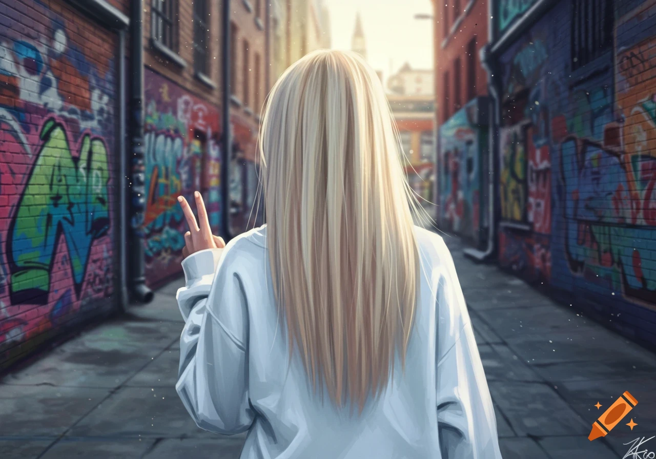 An anime-style illustration of a blonde girl from behind, making a peace sign in a graffiti-covered urban alley.