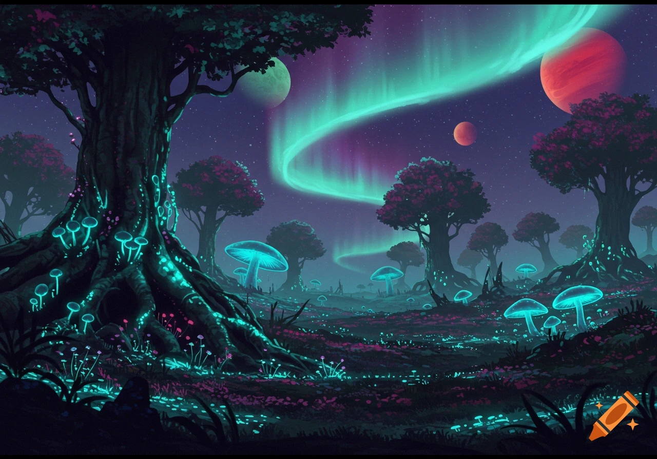 A vibrant, alien forest at night with glowing blue mushrooms and plants, dark trees with glowing roots, and aurora lights in a starry sky with multiple planets.