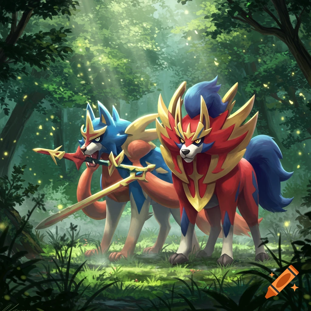 Zacian, holding a sword in its mouth, and Zamazenta stand side-by-side in a sunlit, mystical forest with glowing fireflies.