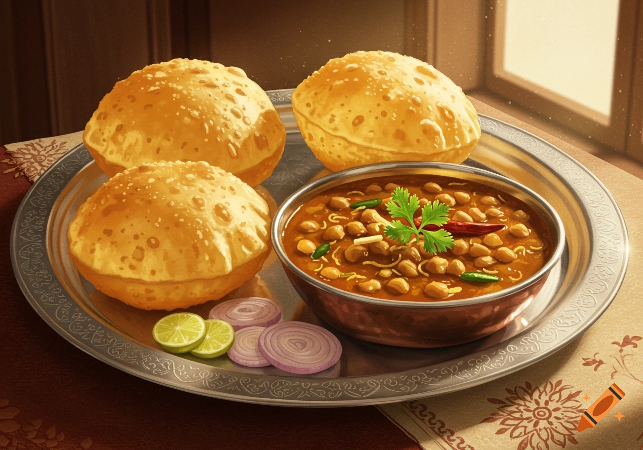 A vibrant illustration of chole puri, with fluffy fried bread, a bowl of chickpea curry, sliced onions, and lime on a silver plate by a window.