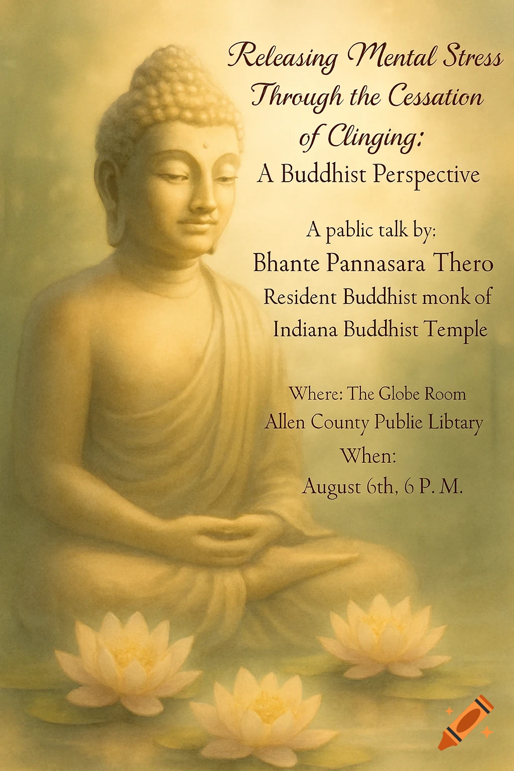 A serene Buddha statue meditates with lotus flowers in a golden haze. Text for a Buddhist public talk overlays the right side of the image.