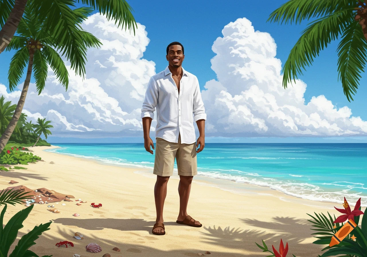 An illustrated smiling dark-skinned man in a white shirt and khaki shorts stands on a sunny tropical beach with palm trees and turquoise water.