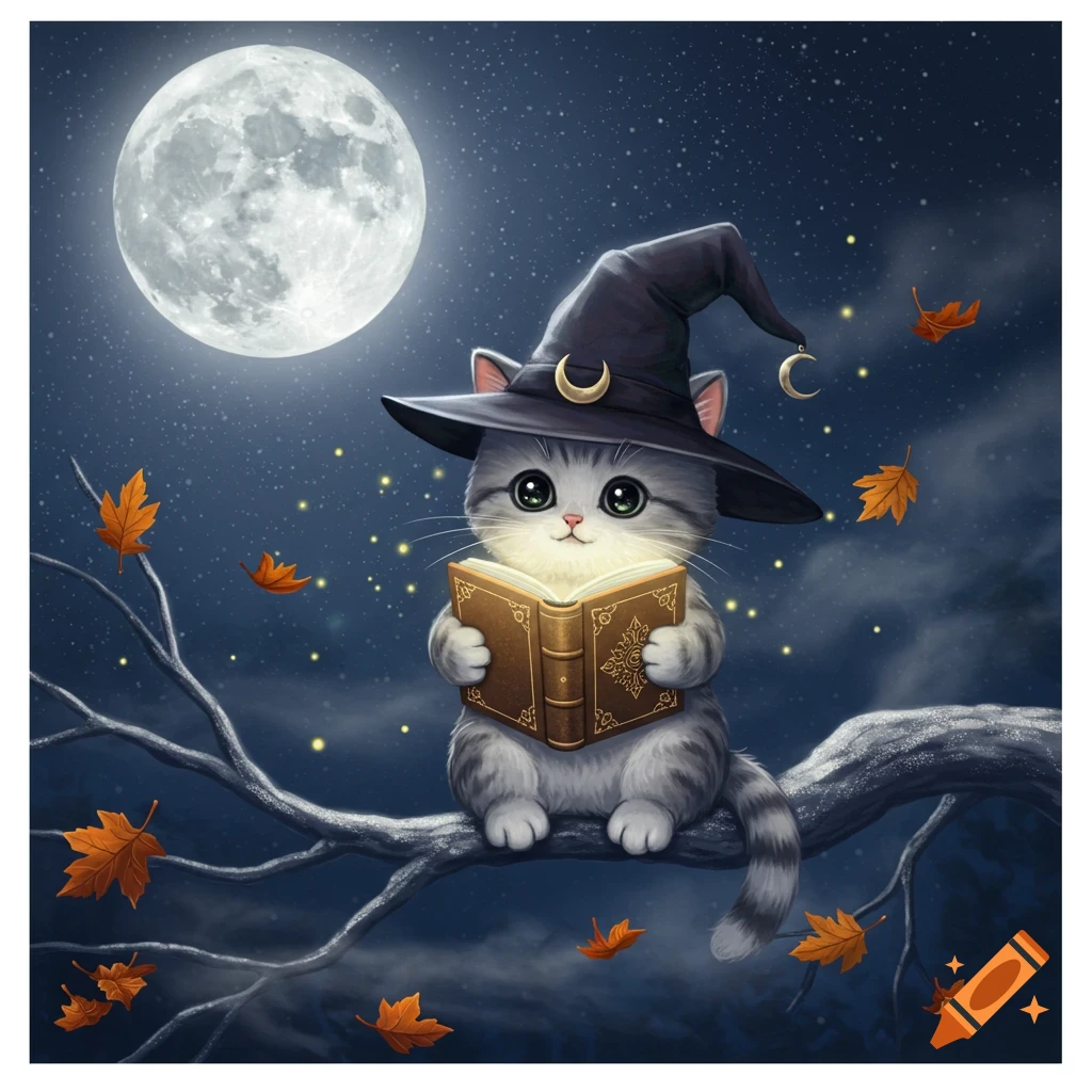 Cute gray and white cat wearing a witch hat and reading a book on a tree branch under a full moon at night with autumn leaves.