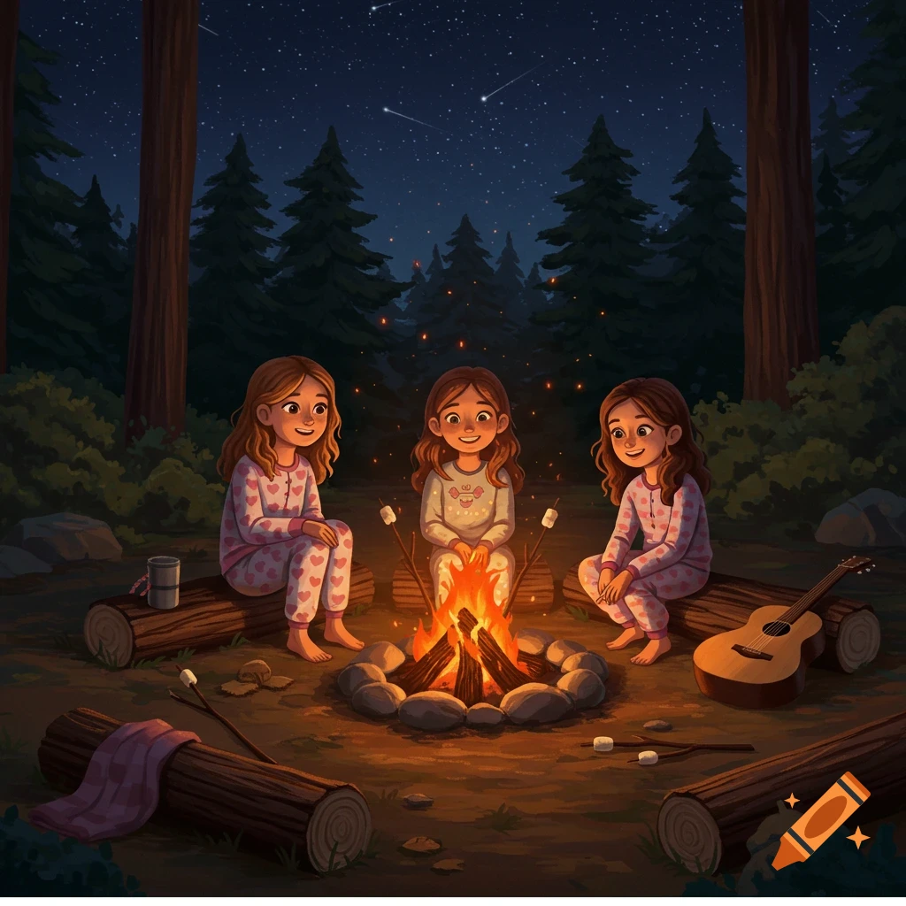 Three smiling girls in pajamas sit around a campfire roasting marshmallows in a forest at night, under a starry sky, illustrated style.