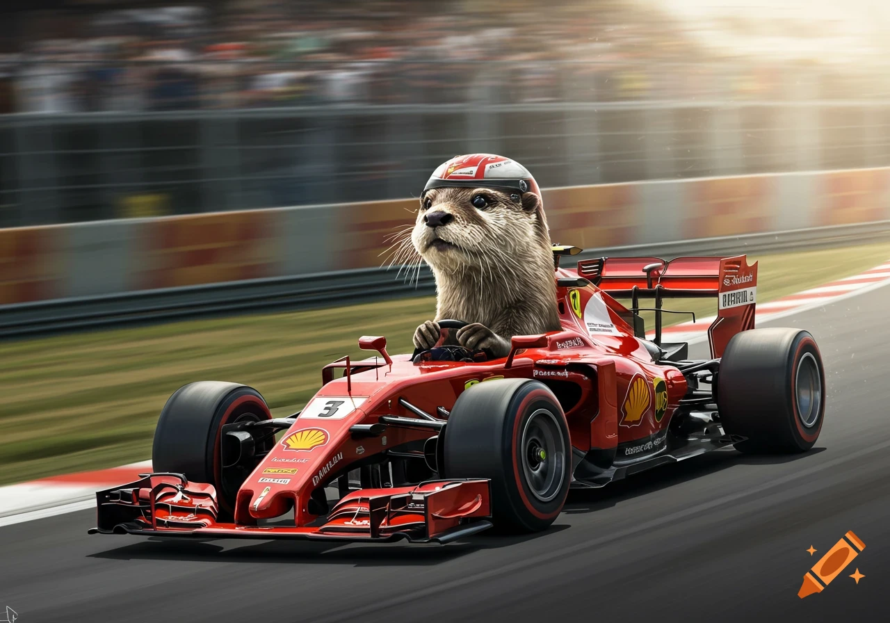 A photorealistic image of a brown otter wearing a racing helmet, driving a red Formula 1 race car on a track, with blurred spectators in the background.