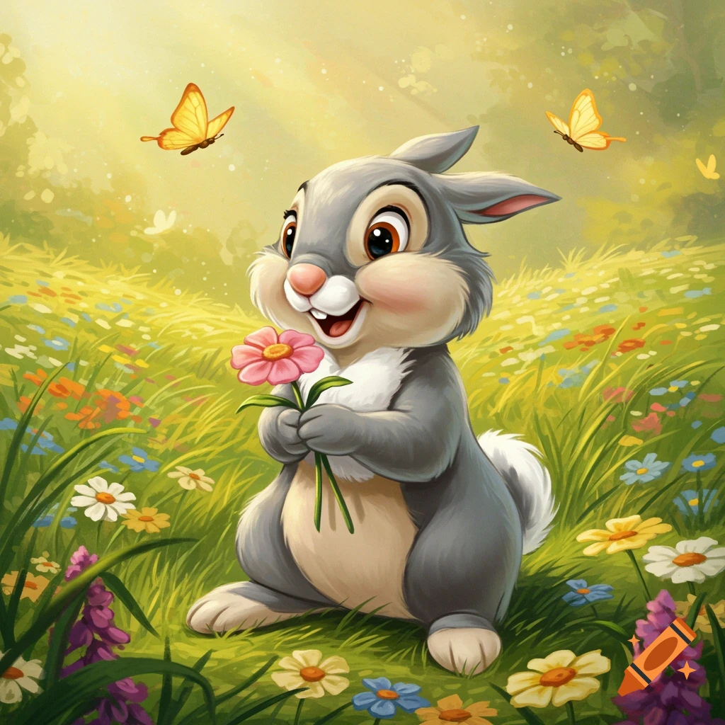 A cute cartoon gray bunny, Thumper, sits in a vibrant green meadow holding a pink flower, with colorful flowers and butterflies around him.