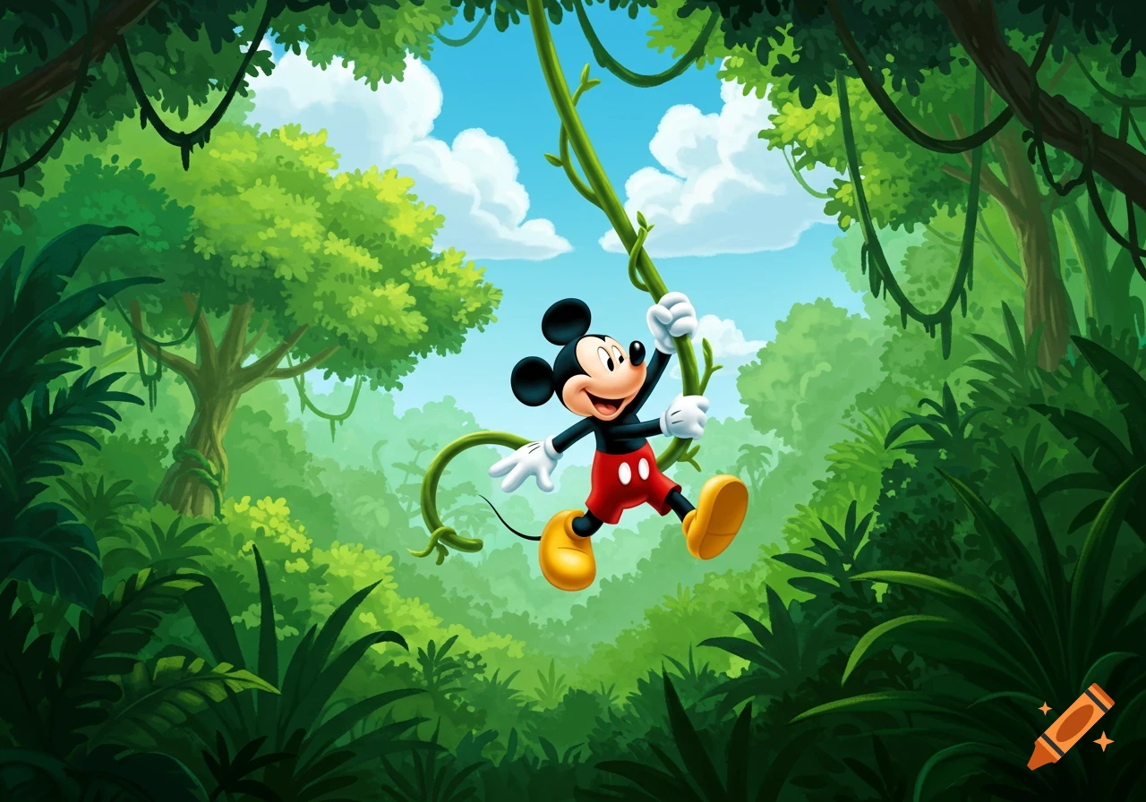 Mickey Mouse swings on a green jungle vine amidst lush trees, blue sky, and white clouds in a bright cartoon illustration.