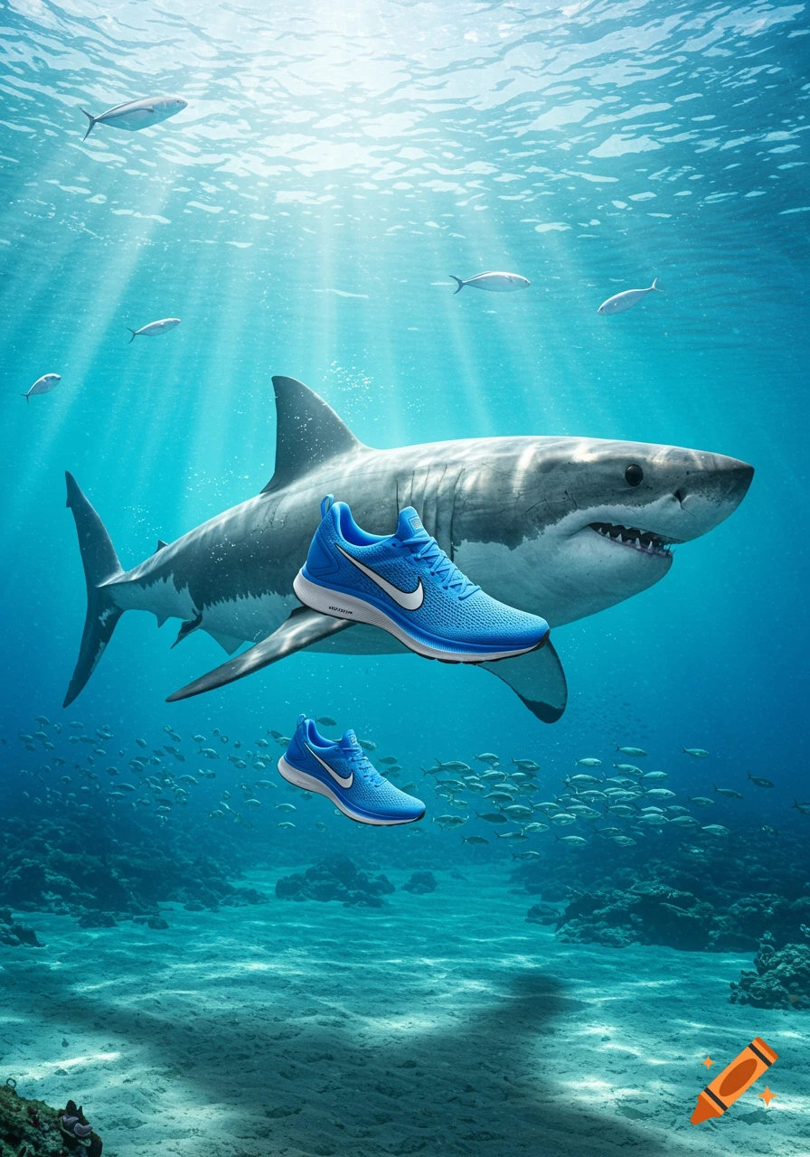 A large great white shark swims underwater, with two blue running shoes floating prominently in front of it. Small fish and coral are visible in the background.