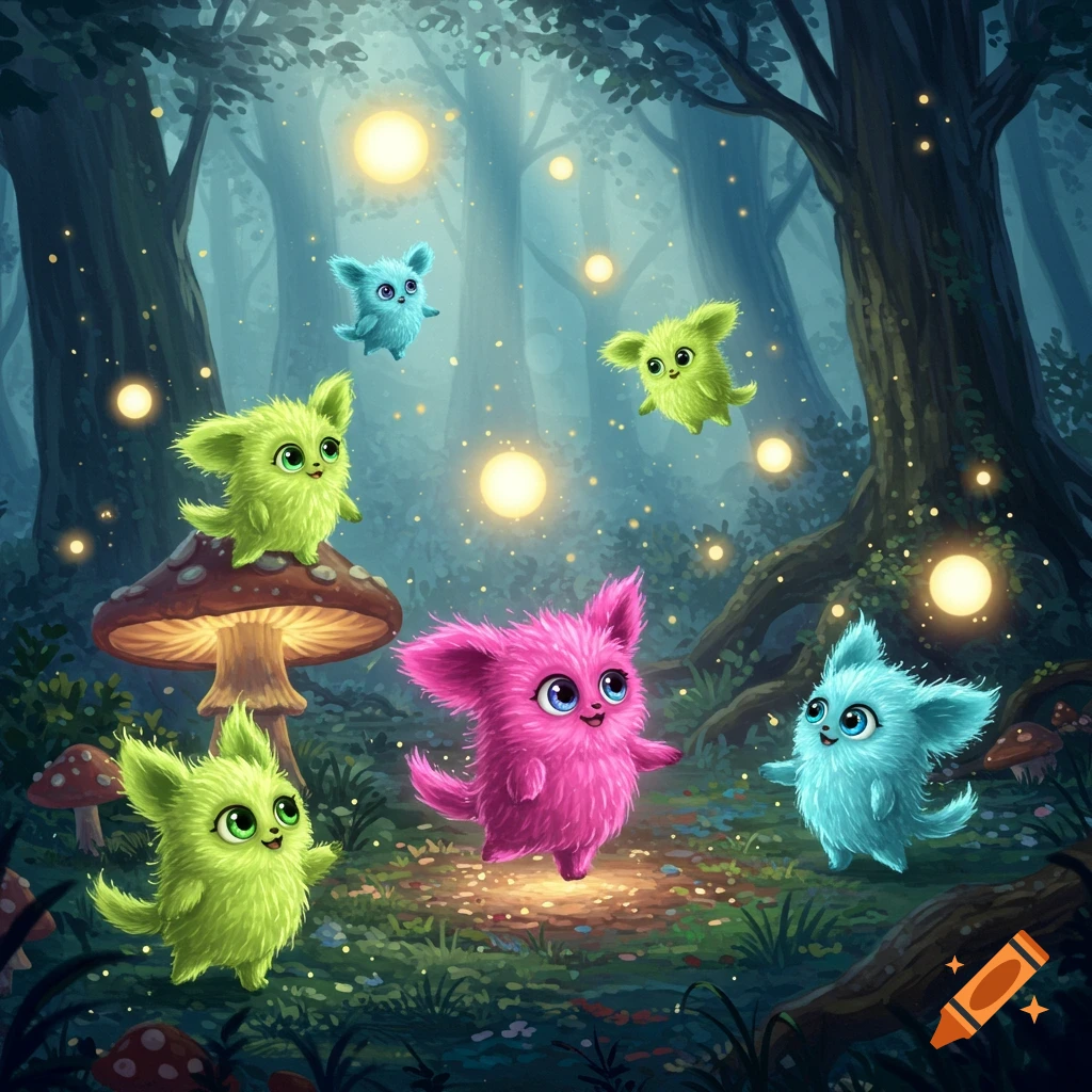 Several colorful, fluffy creatures with big eyes in a magical forest with glowing orbs and mushrooms.