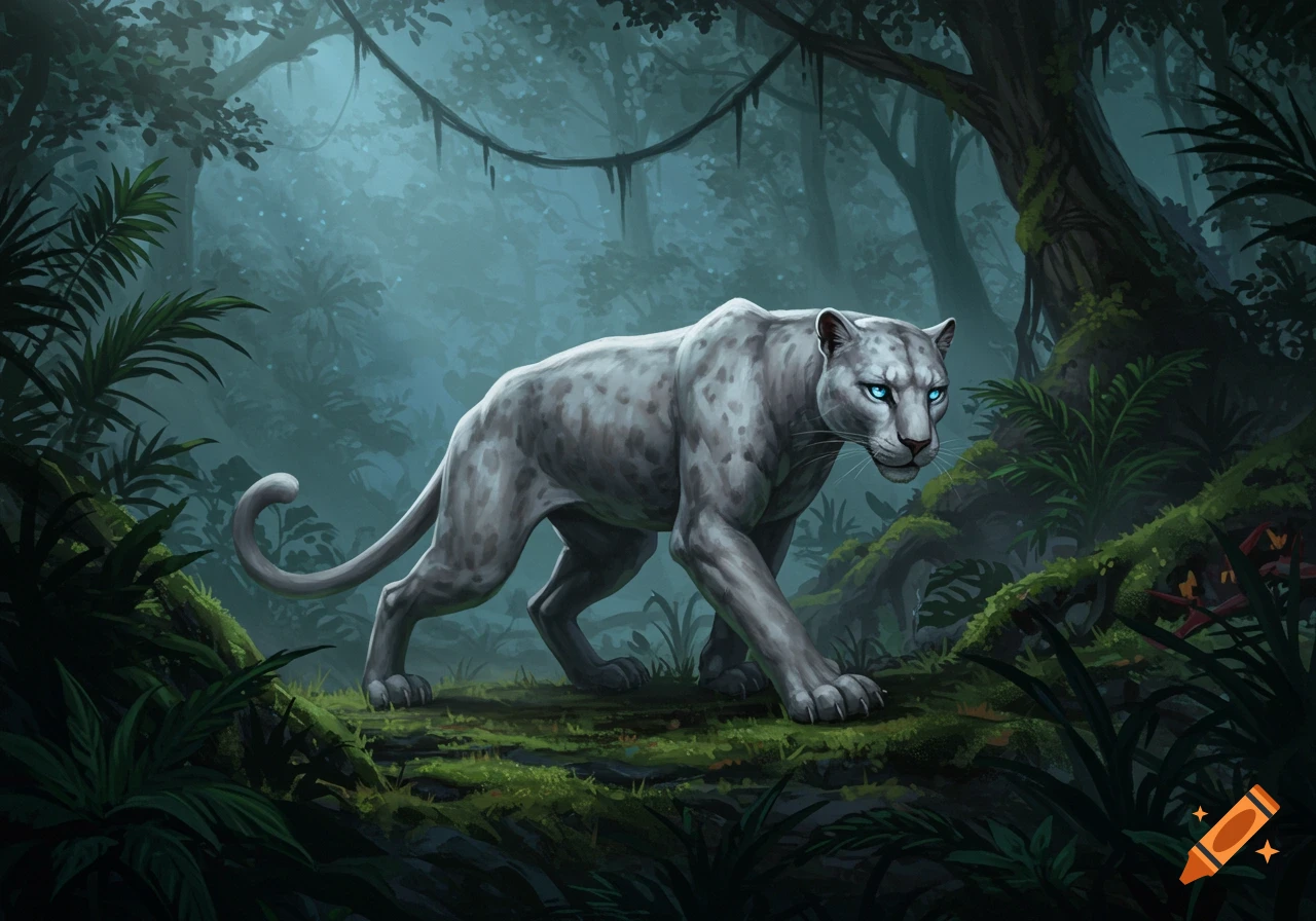 A white panther with glowing blue eyes stalks through a misty, dark jungle.