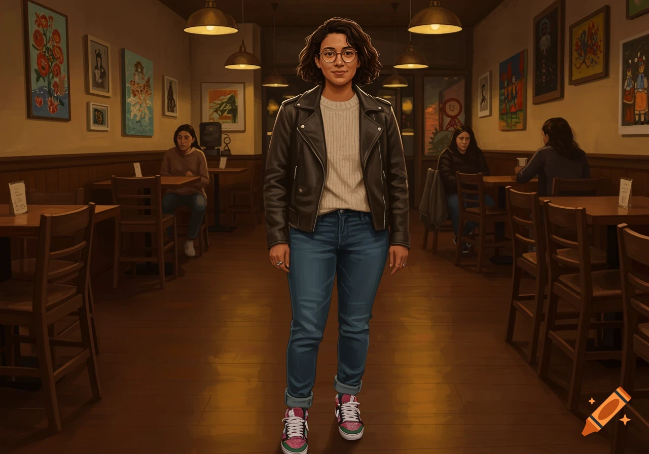 A woman in a leather jacket and jeans stands in a dimly lit cafe with patrons, surrounded by artwork. Digital art.