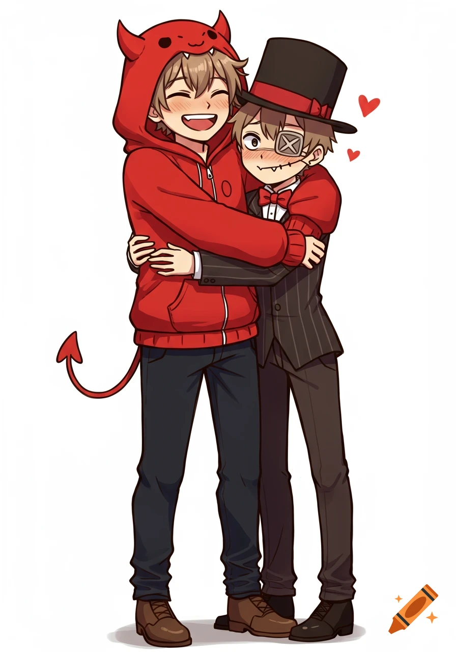 Anime-style illustration of a boy in a red devil hoodie hugging a shy boy in a suit, top hat, and eyepatch.