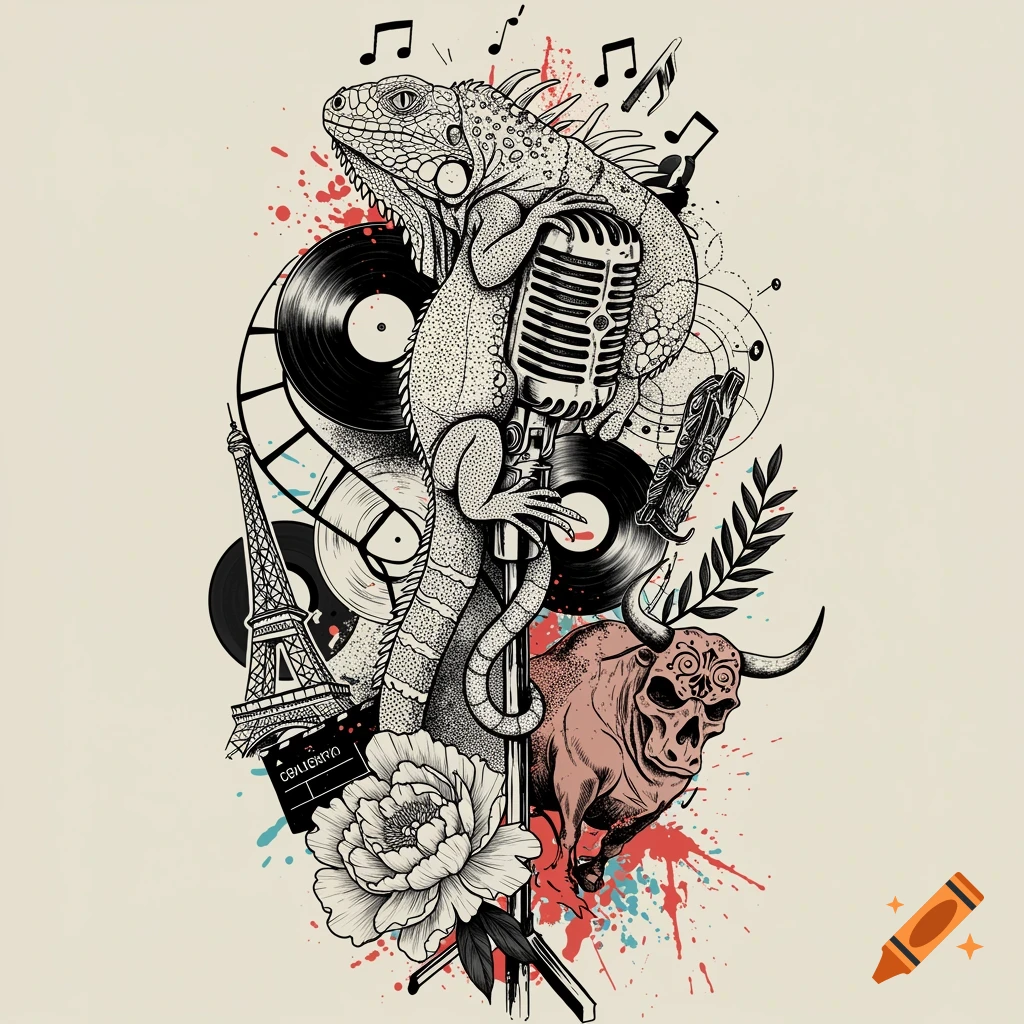 Blackwork tattoo design featuring an iguana on a vintage microphone, surrounded by vinyl records, Eiffel Tower, bull skull, and a peony, with colorful paint splatters.