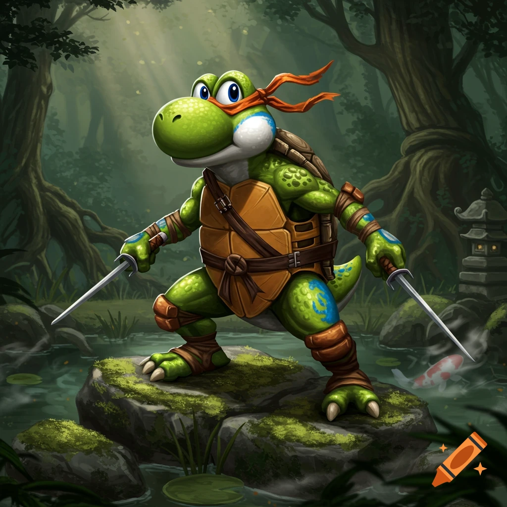 A green, cartoonish Yoshi-Ninja Turtle hybrid stands in a swampy forest, wearing a shell and orange bandana, holding two swords.