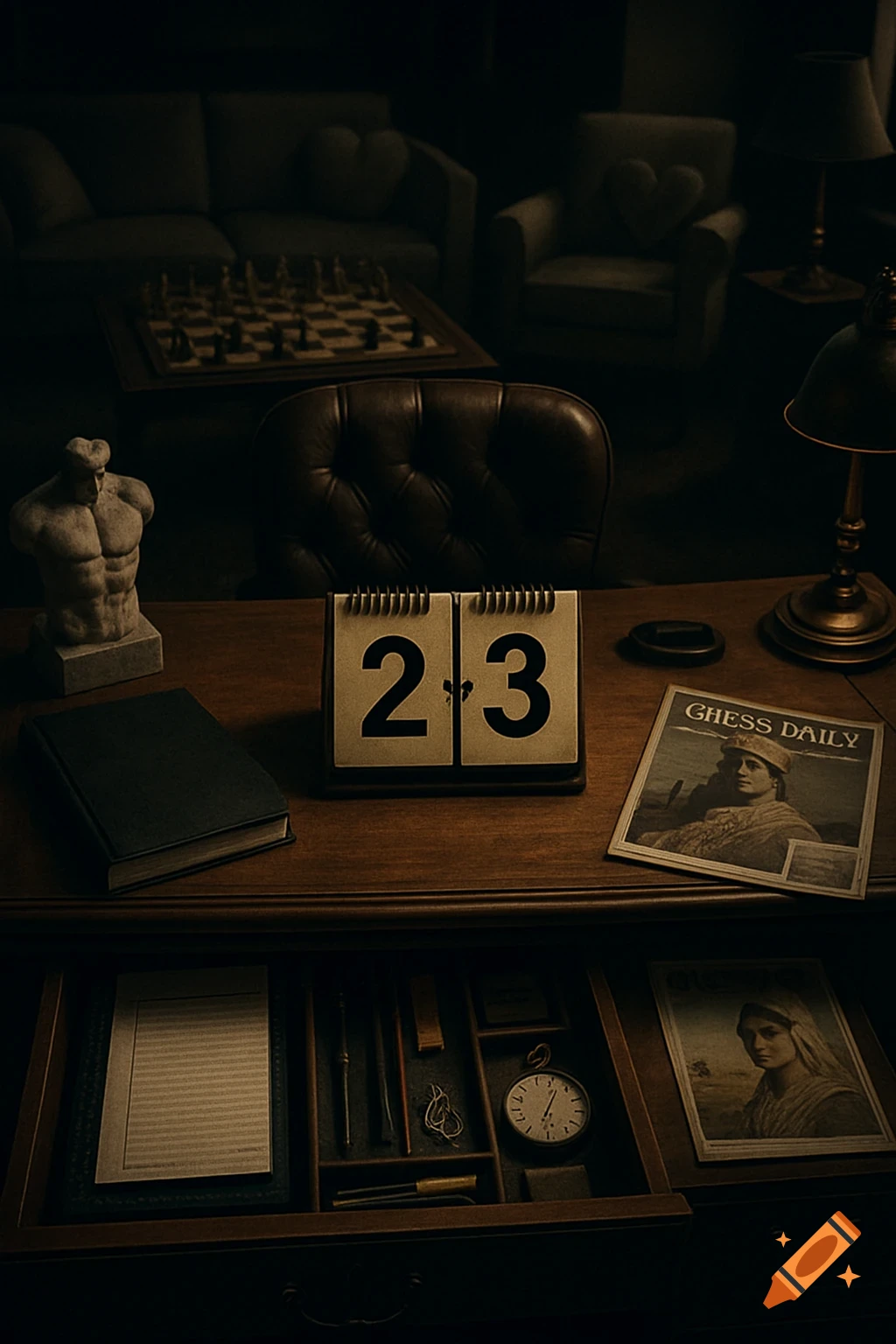 A dark, atmospheric photograph of a wooden office desk. On the desk are a calendar showing '23', a statue of a male torso, a book, a lamp, and a magazine. A drawer is slightly open revealing stationery. In the background, a sofa, armchair, and chess board are visible.