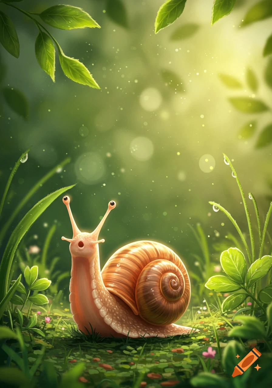 A cute, cartoon-style snail with a spiral shell sits in lush green grass with dew drops and bright sunlight.