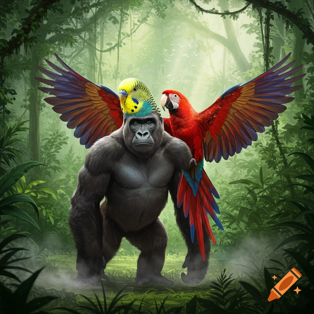 A powerful gorilla with a budgie head and colorful macaw wings stands in a lush jungle in a realistic illustration style.