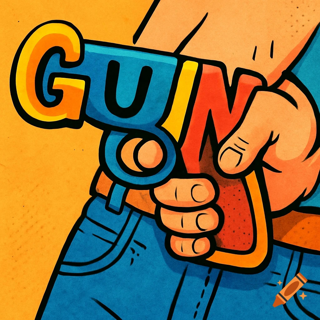 A cartoon hand holding a gun stylized as the word 'GUN' in bold, colorful letters.