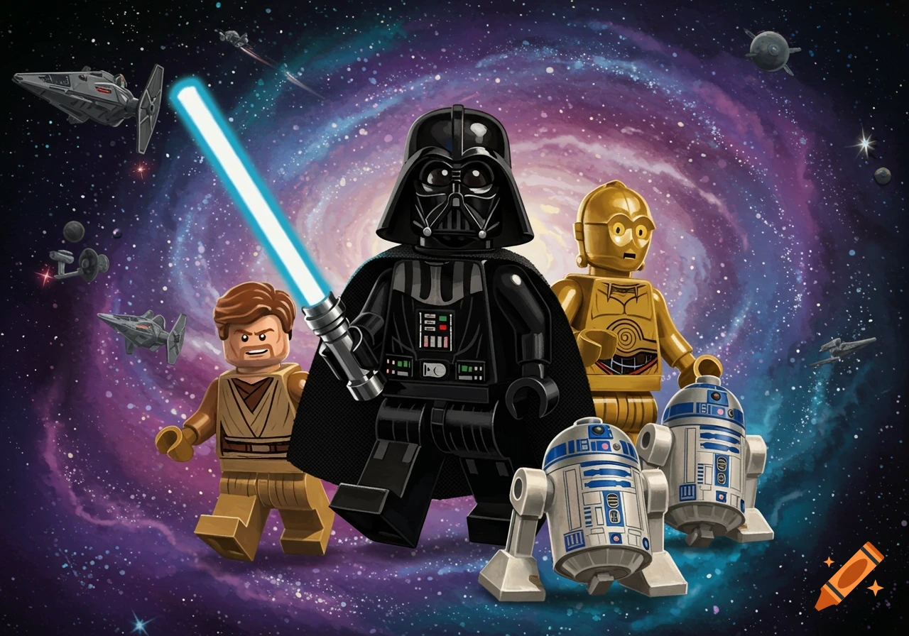 Lego Darth Vader, Obi-Wan, C-3PO, and two R2-D2s stand in a vibrant galaxy with spaceships.
