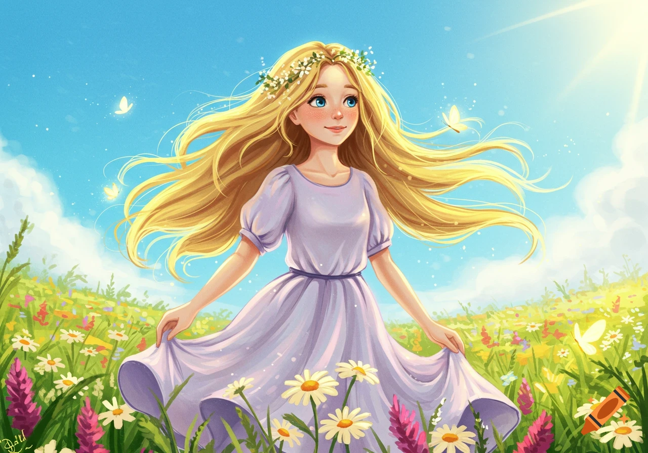 A joyful blonde girl with a flower crown in a purple dress stands in a vibrant field of colorful flowers under a bright blue sky.